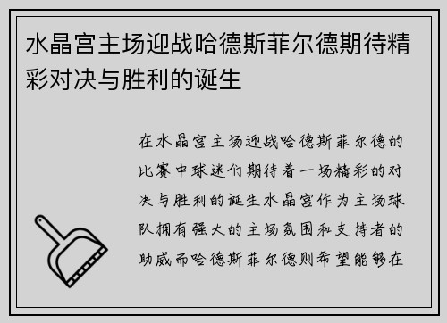 水晶宫主场迎战哈德斯菲尔德期待精彩对决与胜利的诞生
